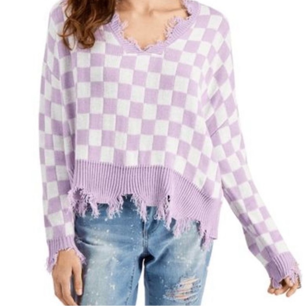Just Polly distressed purple white checker sweater Medium
